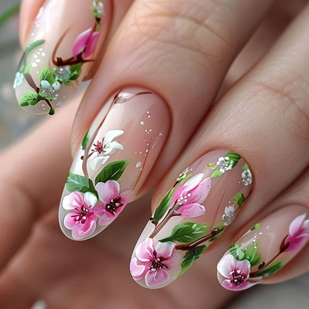 Nail Art Press On - Короткие миндалевидные накладные ногти 3D Цветочные