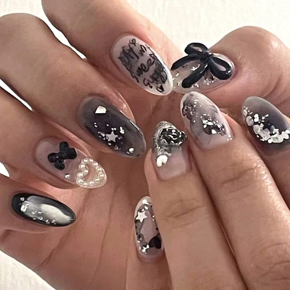 Nail Art Press On - 24 шт. накладных ногтей с бантиками,
