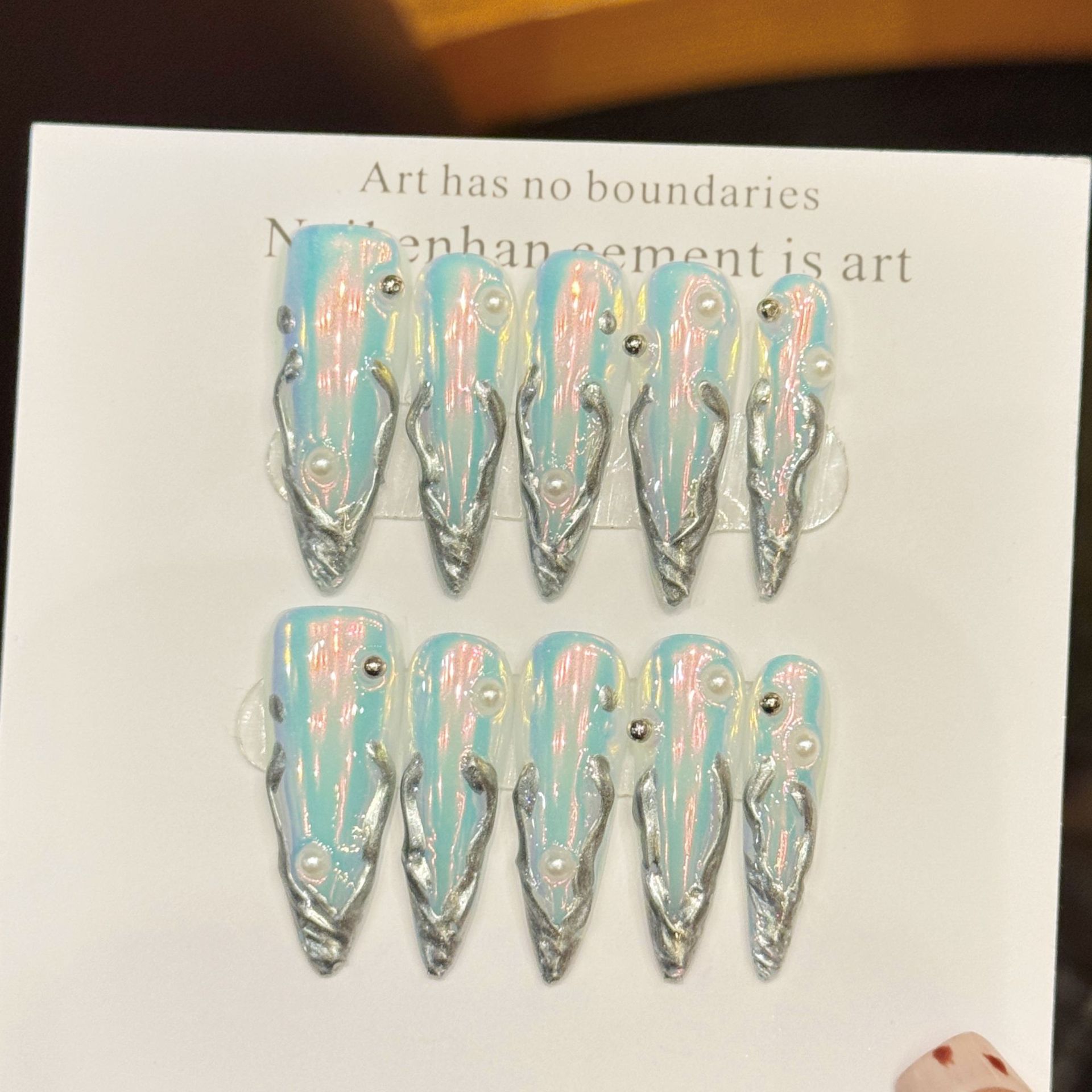 Nail Art Press On - 10 шт., серебряные длинные накладные ногти