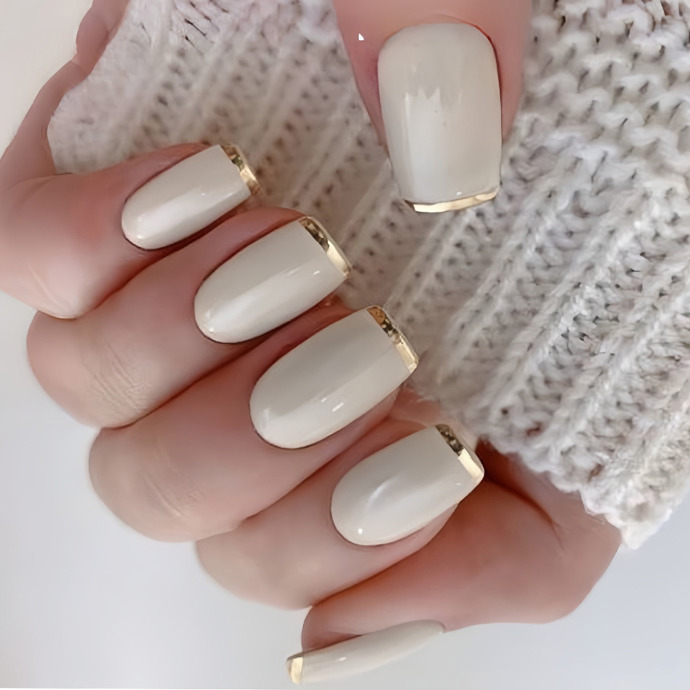 Nail Art Press On - Средние накладные ногти для женщин, бежево-кремово-белые