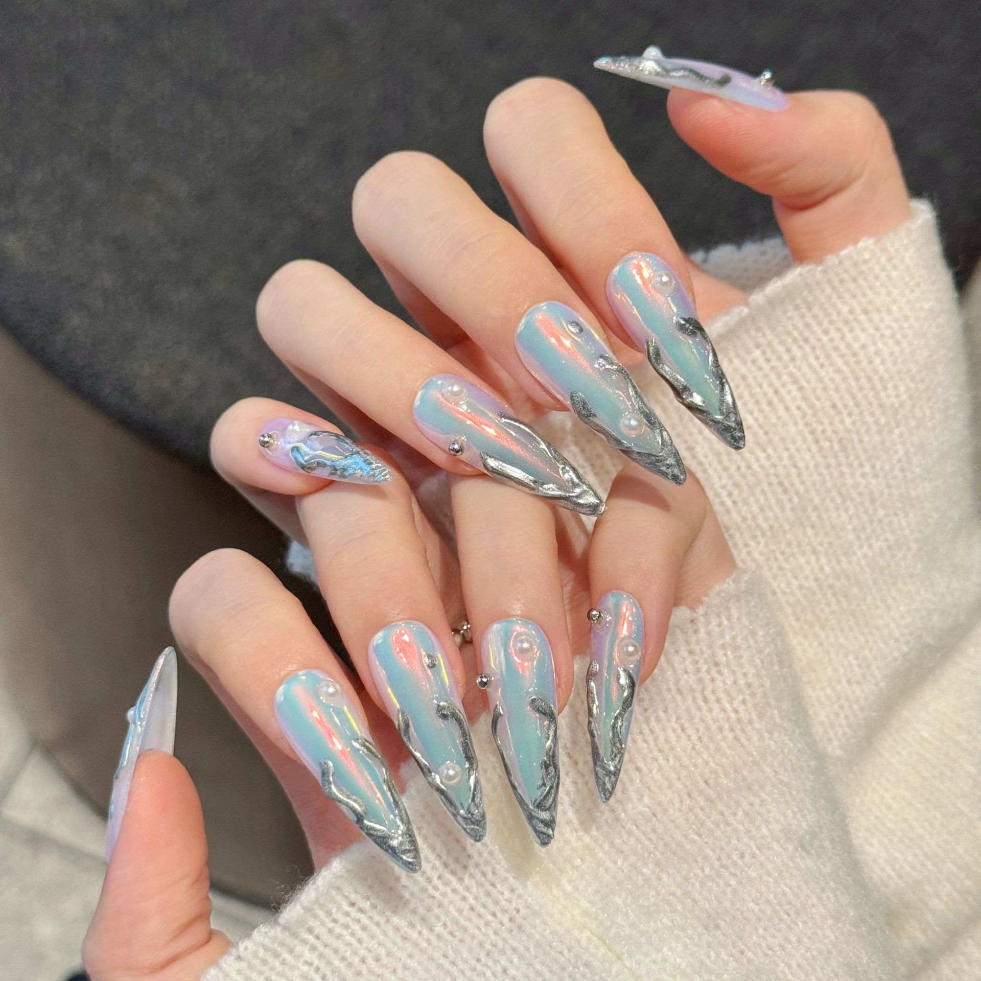 10 шт., серебряные длинные нак – обзор и цена Nail Art Press On